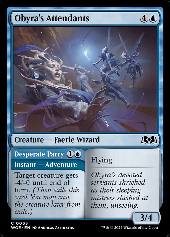 MTG Card Title: Obyra's Attendants // Desperate Parry WOE/63