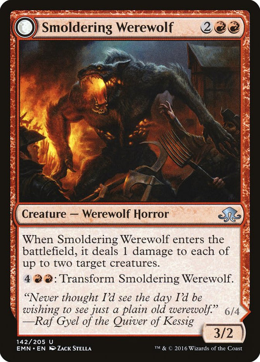 MTG Card Title: Smoldering Werewolf // Erupting Dreadwolf EMN/142