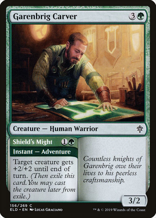 MTG Card Title: Garenbrig Carver // Shield's Might ELD/156
