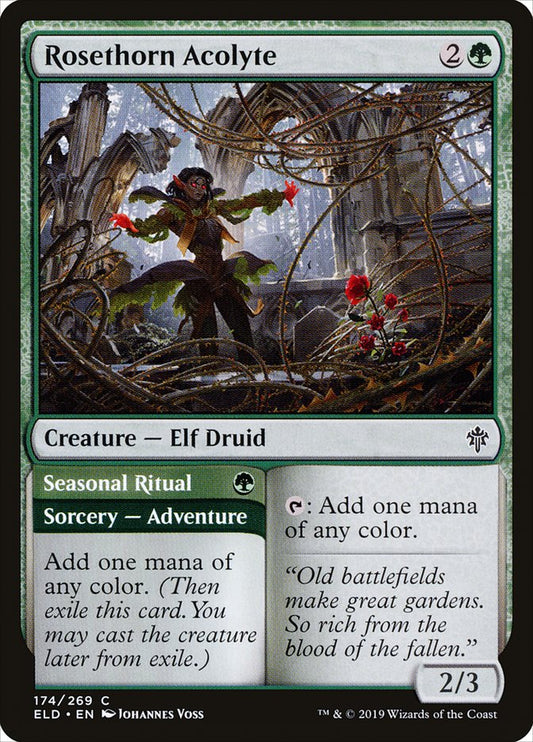 MTG Card Title: Rosethorn Acolyte // Seasonal Ritual ELD/174