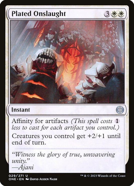 MTG Card Title: Plated Onslaught ONE/29