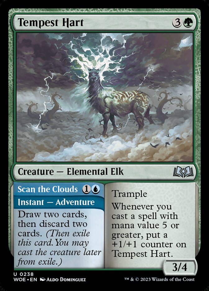MTG Card Title: Tempest Hart // Scan the Clouds WOE/238