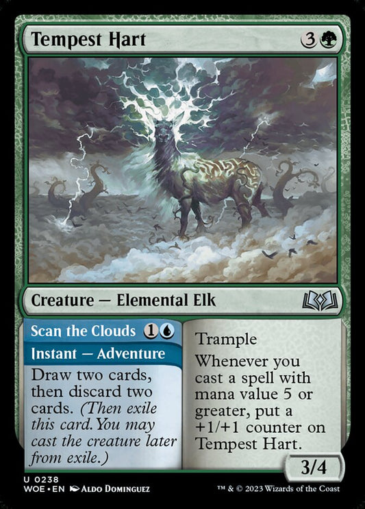 MTG Card Title: Tempest Hart // Scan the Clouds WOE/238