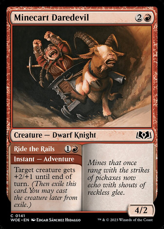 MTG Card Title: Minecart Daredevil // Ride the Rails WOE/141