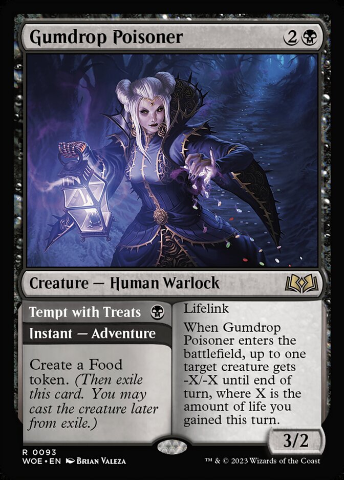 MTG Card Title: Gumdrop Poisoner // Tempt with Treats WOE/93