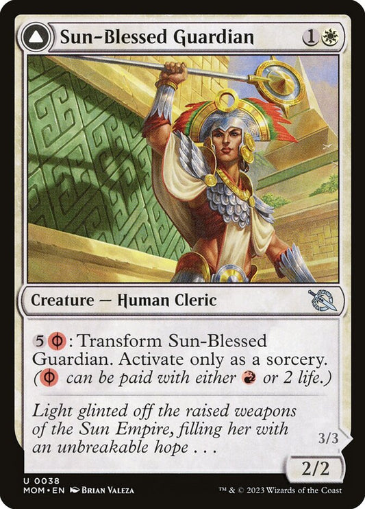 MTG Card Title: Sun-Blessed Guardian // Furnace-Blessed Conqueror MOM/38