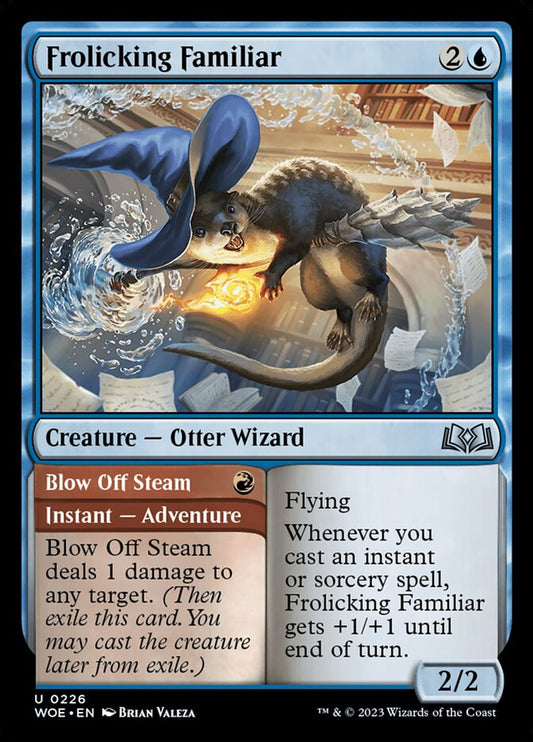 MTG Card Title: Frolicking Familiar // Blow Off Steam WOE/226
