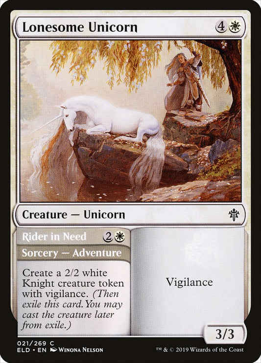MTG Card Title: Lonesome Unicorn // Rider in Need ELD/21