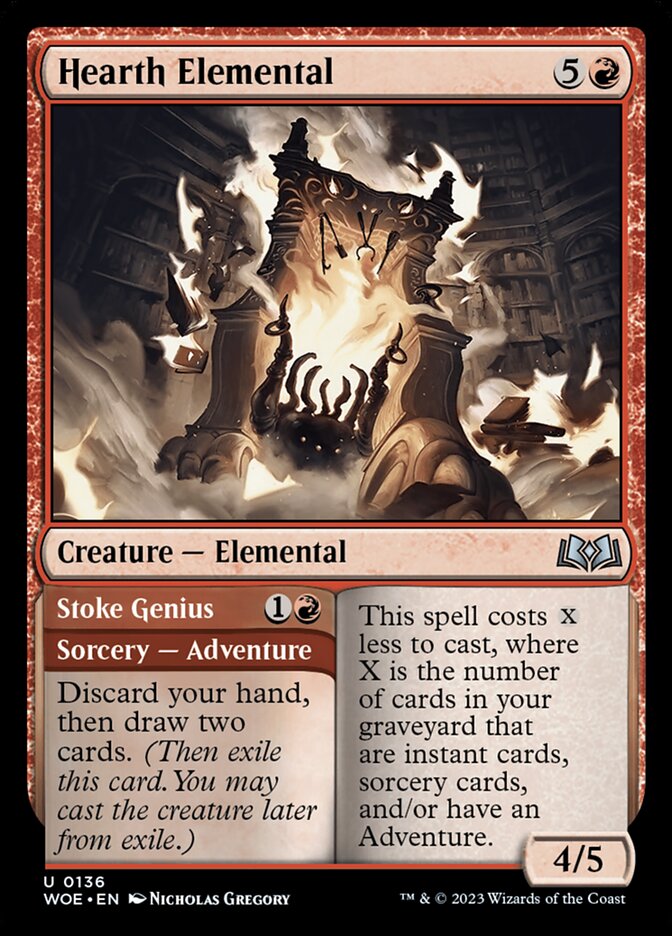 MTG Card Title: Hearth Elemental // Stoke Genius WOE/136