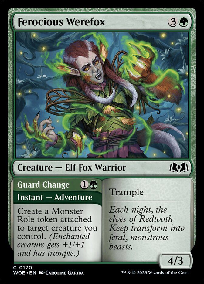 MTG Card Title: Ferocious Werefox // Guard Change WOE/170
