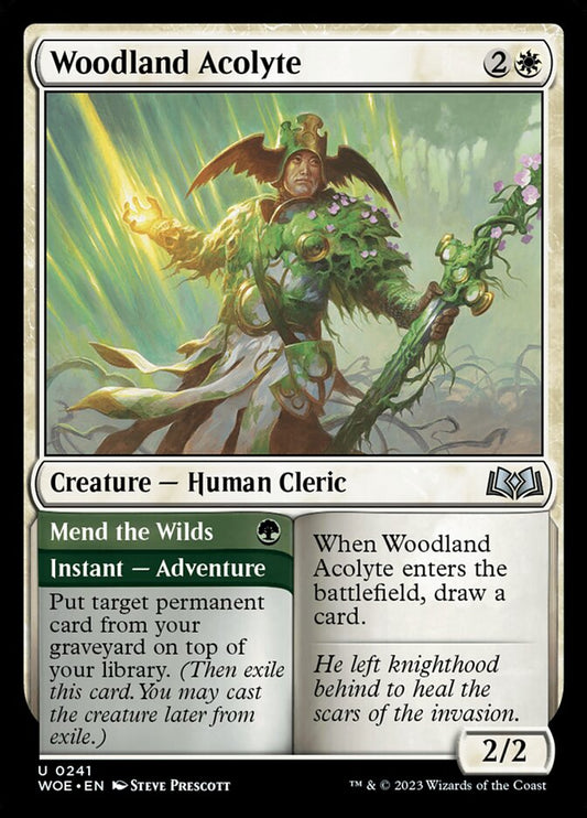 MTG Card Title: Woodland Acolyte // Mend the Wilds WOE/241