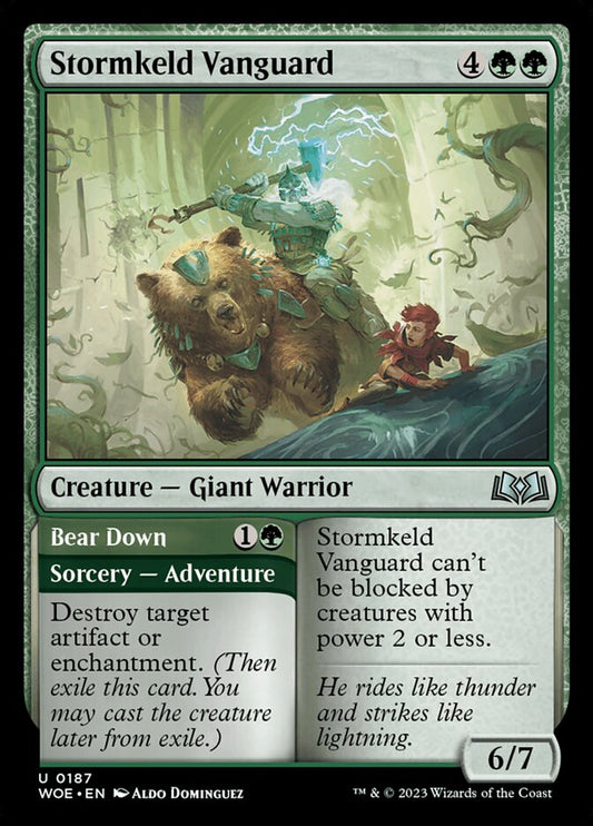 MTG Card Title: Stormkeld Vanguard // Bear Down WOE/187