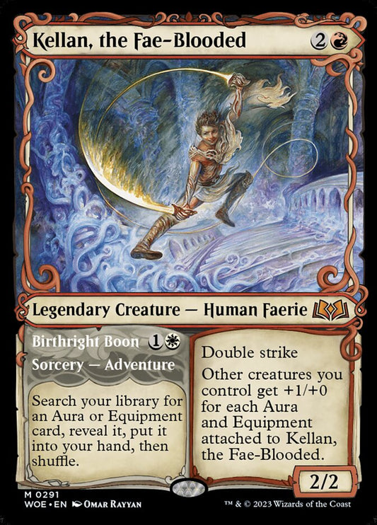MTG Card Title: Kellan, the Fae-Blooded // Birthright Boon WOE/291