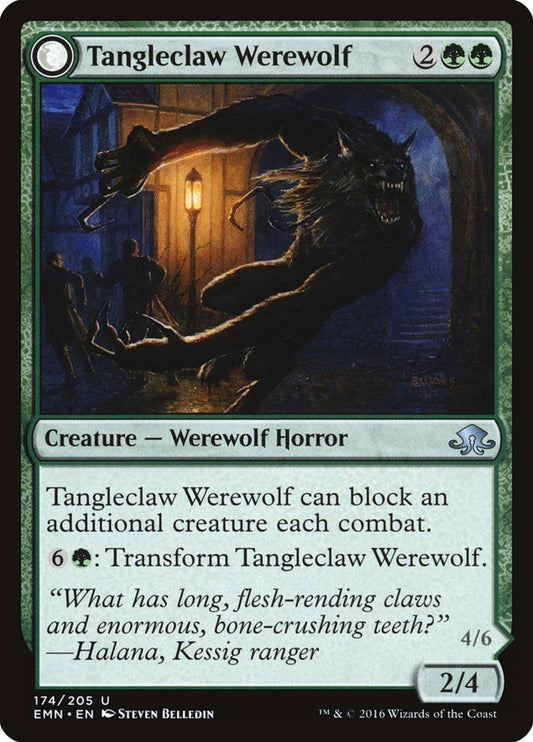 MTG Card Title: Tangleclaw Werewolf // Fibrous Entangler EMN/174